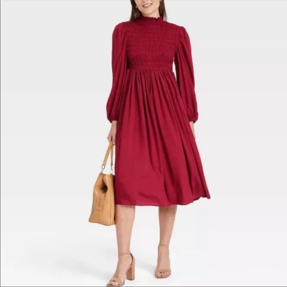 NWT. A New Day Women's Long Sleeve PINK Smocked Bodice Dress.